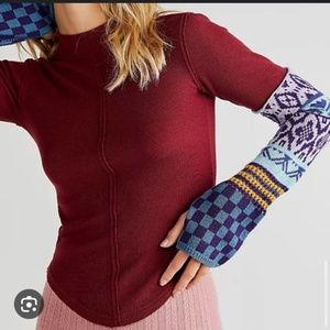 FP Lovely Embroidered Cuff Long Sleeve Thermal Waffle Knit Garnet L LG Burgundy